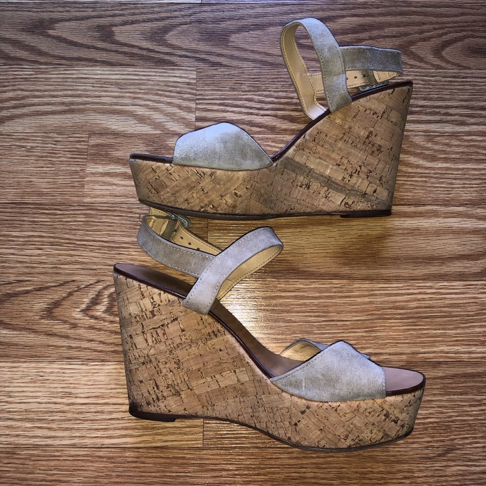 J.Crew Beige Suede Cork Wedges Sandals Ankle Strap. Size 7.